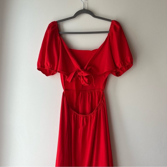 Red Puff Sleeve Cutout Back Midi Dress Women’s Size M Romantic Party Date Night - Picture 6 of 11